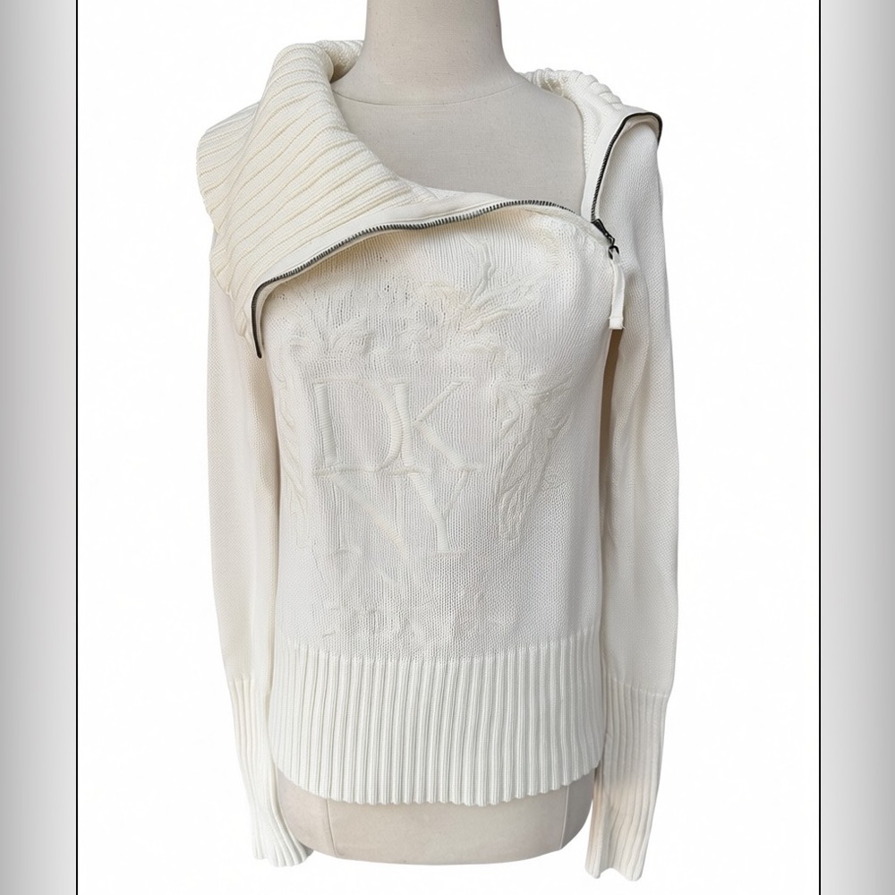 Late 1990s/Y2K DKNY 100% Cotton Asymmetrical Zippered Cowl Neck Embossed Logo Sw
